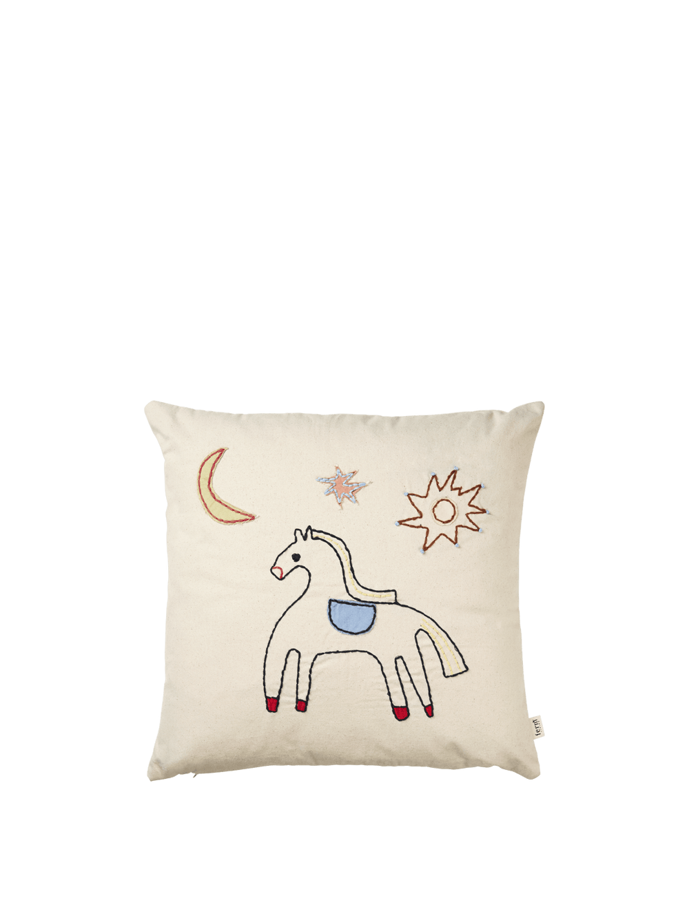 Naive Cushion i off-white med broderede motiver af hest, måne, sol og stjerne