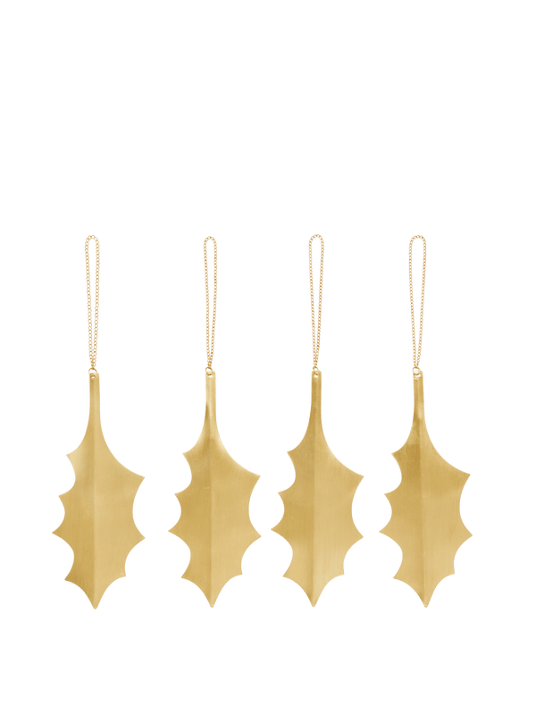 Holly Leaf Brass Ornaments - Set of 4 - Brass
