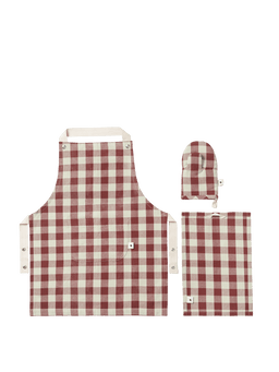 Bothy Kids Kitchen Set i kanelbrun/grågrøn, ternet forklæde, grydelap og viskestykke
