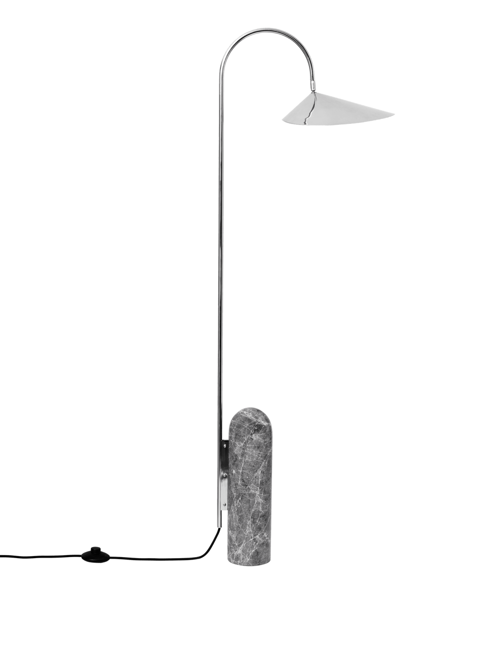 Arum Floor Lamp i rustfrit stål med buet stamme, kronbladsskærm og grå stenfod